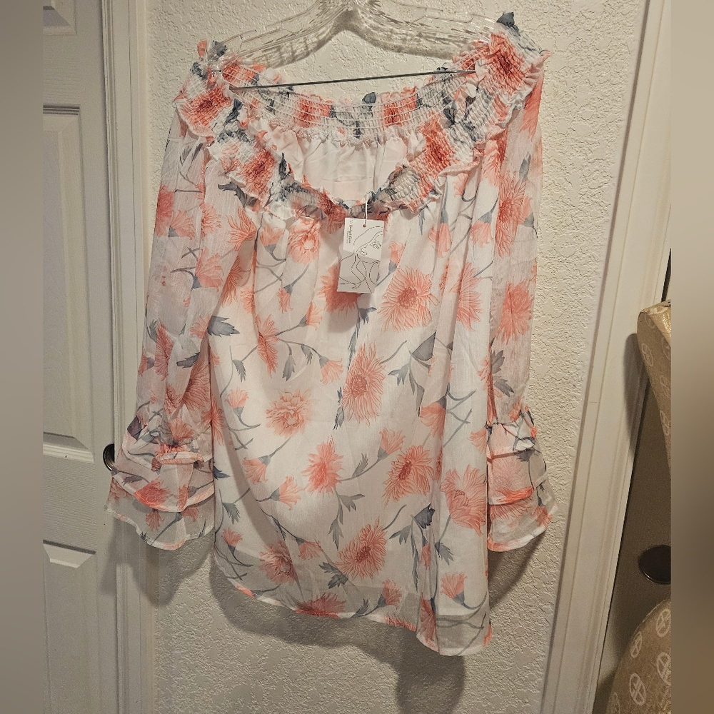 Etosell Floral Off-Shoulder Blouse - Pink and White 2xl